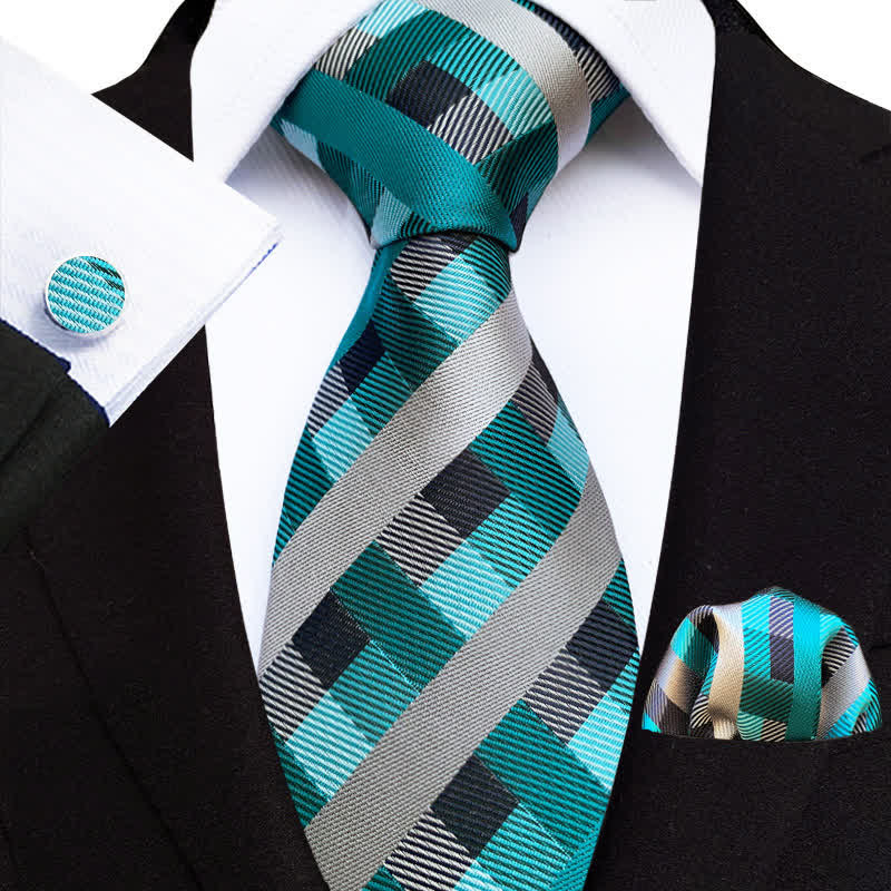 3Pcs Men's Turquoise Check Necktie Set - Turquoise - image 0