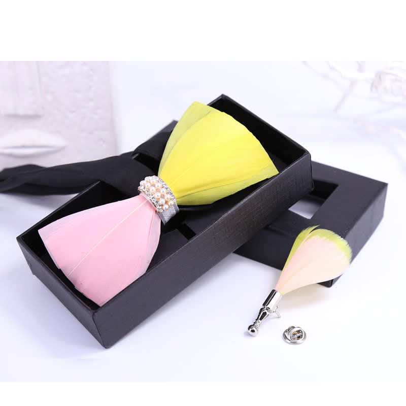 Pink & Yellow Shiny Pearl Feather Bow Tie with Lapel Pin - image 1