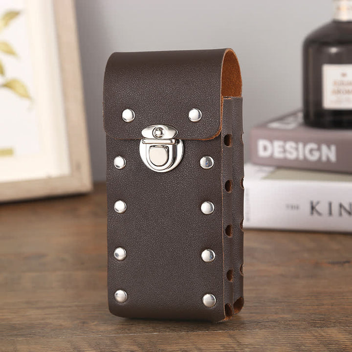 Rivet Decor Button Universal Phone Leather Belt Bag - Brown - Vertical - image 12