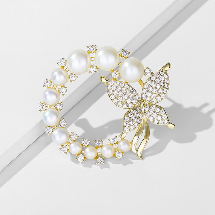 Women's Golden Butterfly Pearl Wreath Brooch - image 6