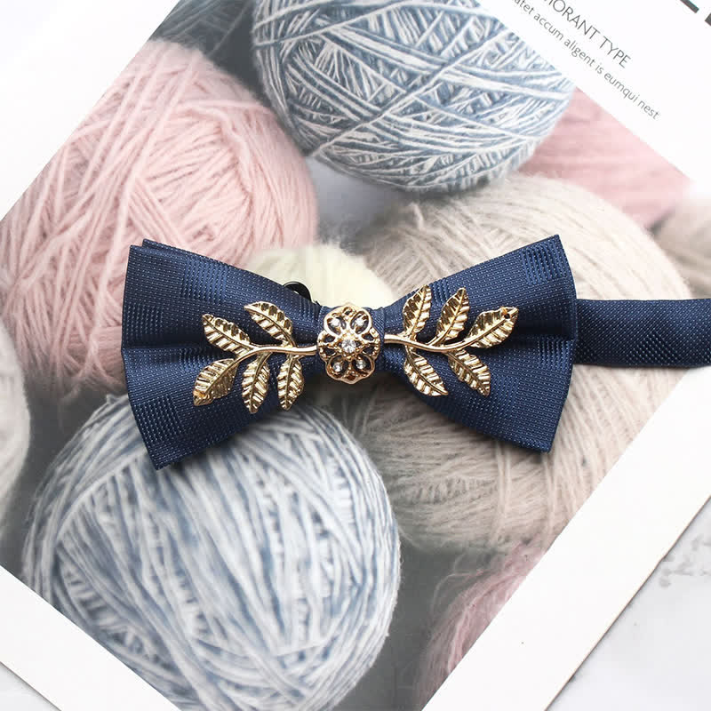 Men's Gold Leaves Pearl Floral Bow Tie - Blue Leaves - image 7