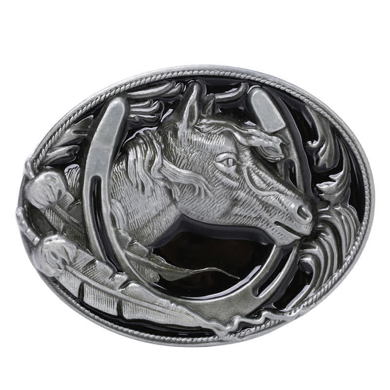 Men's DIY Horseshoe Black Enamel Buckle Leather Belt - image 2
