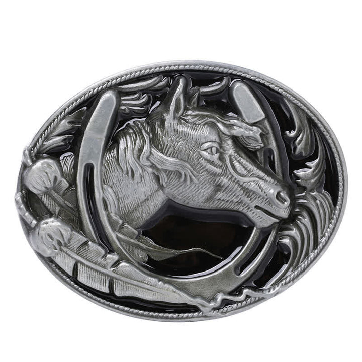 Men's DIY Horseshoe Black Enamel Buckle Leather Belt - image 2