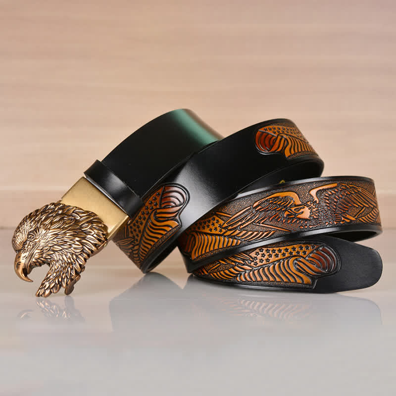 Men's Intricate Eagle Head Automatic Buckle Leather Belt - image 3
