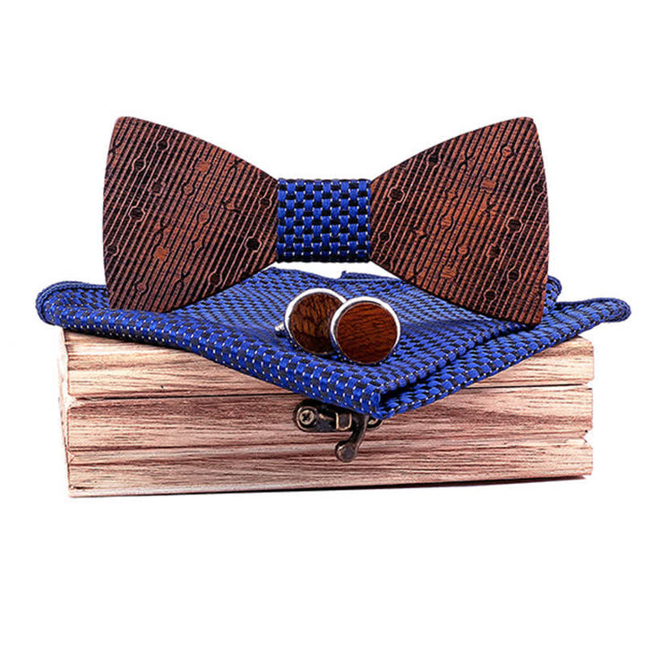 3Pcs Men's Hollow Leaves-shaped Wooden Bow Tie Set - Navy Checker - image 8