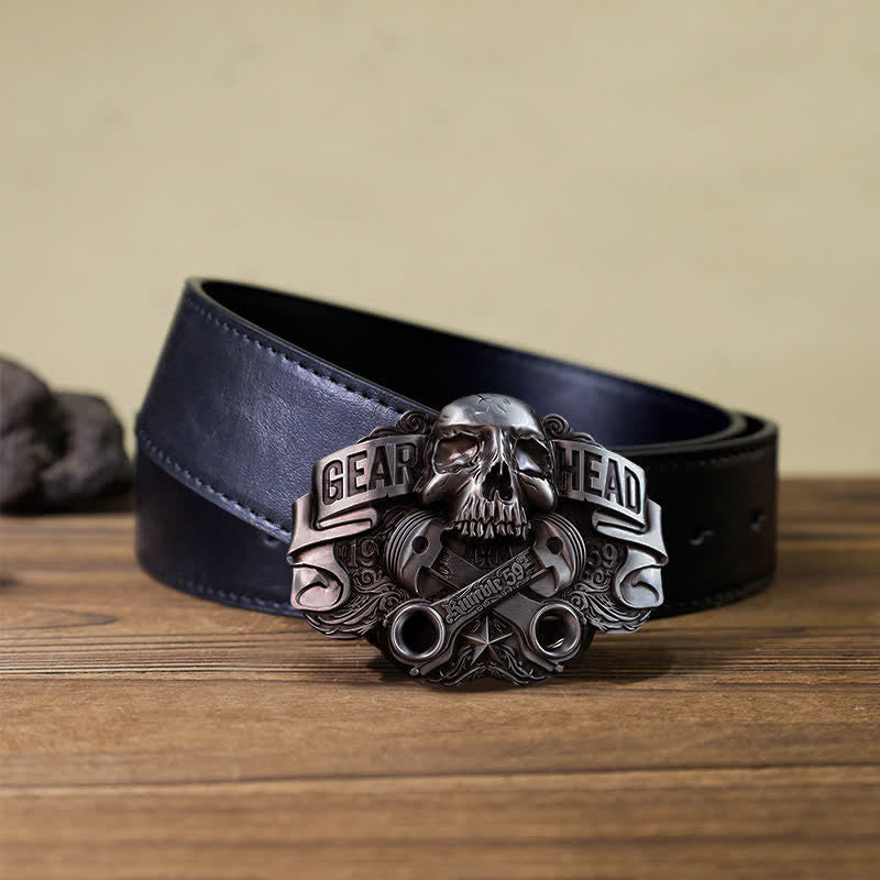 Men's DIY Gear Head Piston Skull Buckle Leather Belt - Gear Head - Black PU Belt (40) - image 3