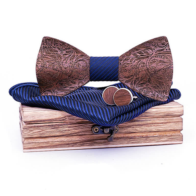 3Pcs Men's Black Walnut Paisley Wooden Bow Tie Set - Navy Twill - image 6