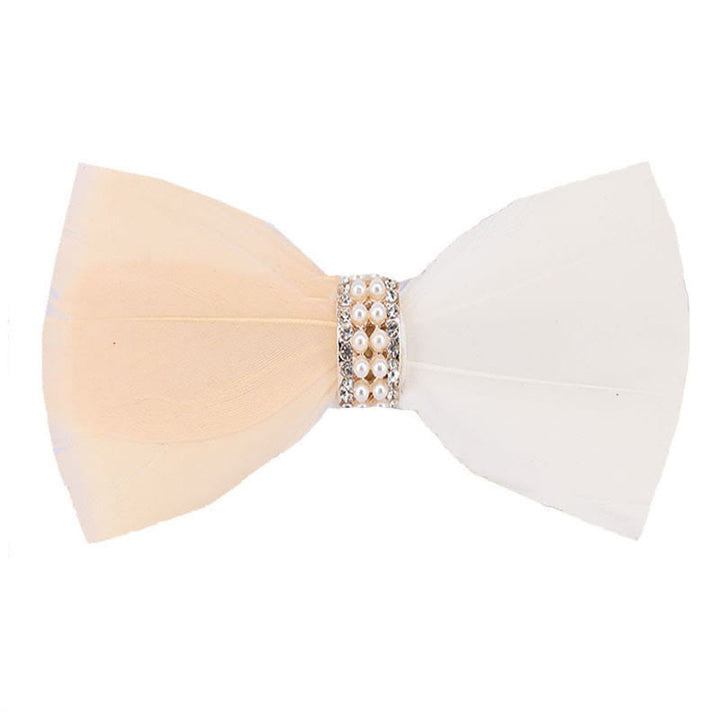 Blush & White Shiny Pearl Feather Bow Tie with Lapel Pin - Blush & White - image 0