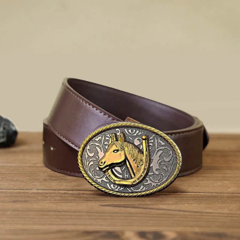 Men's DIY Golden Horseshoe Buckle Leather Belt - Horseshoe - Brown PU Belt (40) - image 6