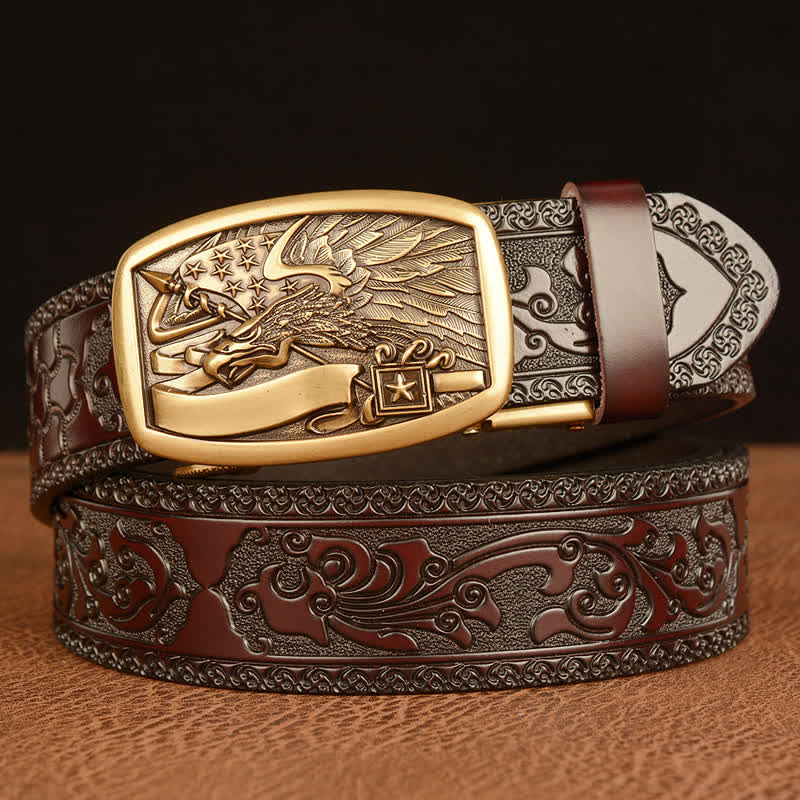 Men's American Flag Hawk Eagle Leather Belt - Gold & Brown - 46 - image 0
