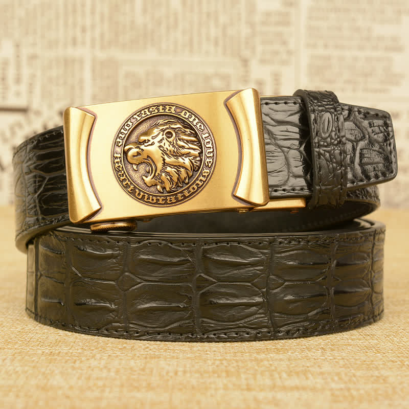 Men's Lion Head Alligator Pattern Leather Belt - Gold & Black - 46 - image 2