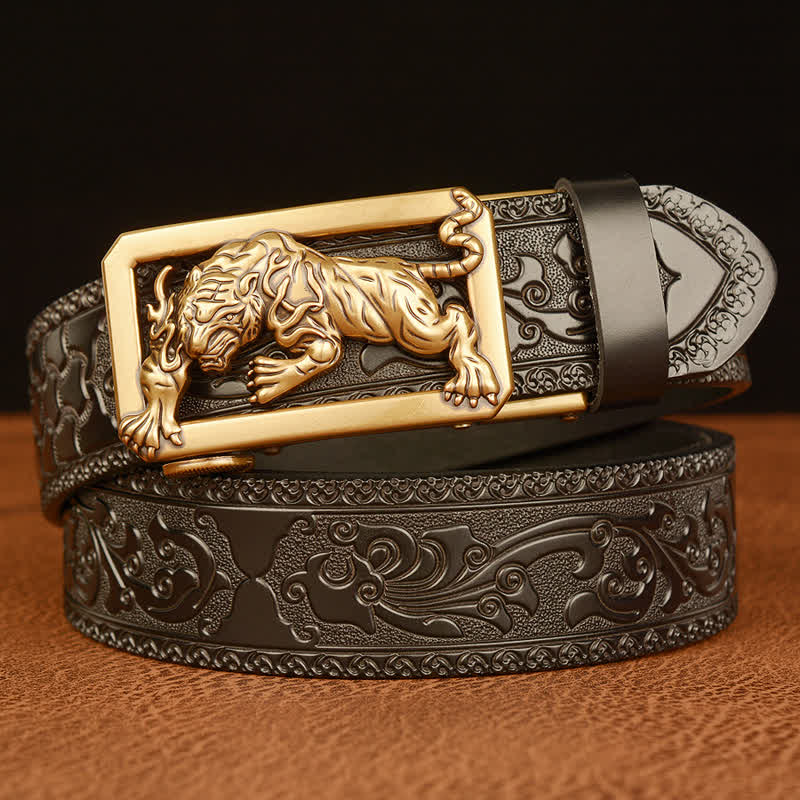 Men's Tiger Buckle Floral Embossed Leather Belt - Gold & Black - 46 - image 10