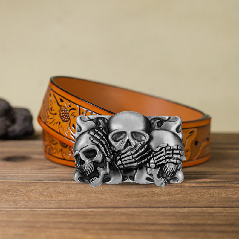 Men's DIY Horrible Laugh Skull Buckle Leather Belt - Skull - Orange Carved Belt (40) - image 16