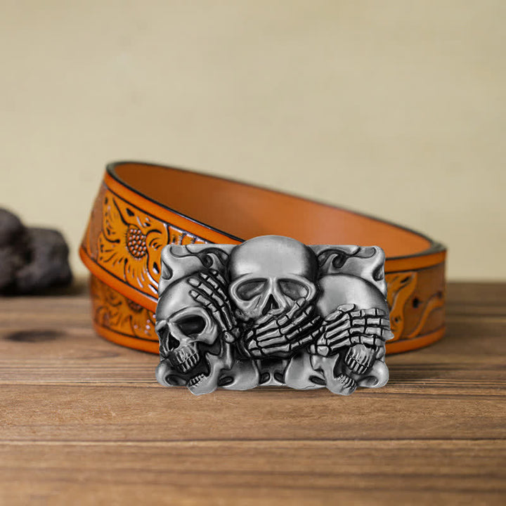 Men's DIY Horrible Laugh Skull Buckle Leather Belt - Skull - Orange Carved Belt (40) - image 16