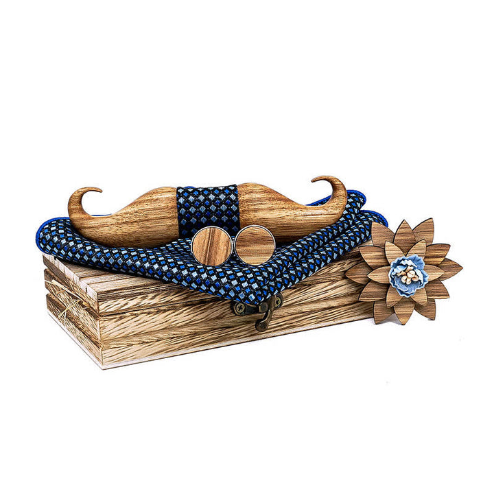 4Pcs Men's Burlywood Moustache Wooden Bow Tie Set - Blue - image 10