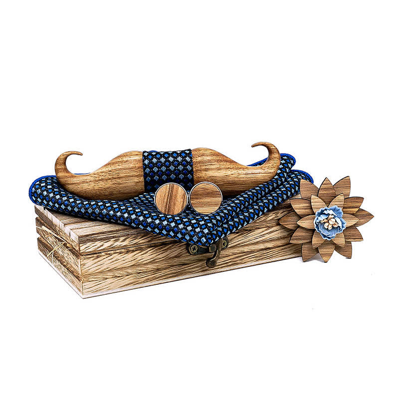4Pcs Men's Burlywood Moustache Wooden Bow Tie Set - Blue - image 10