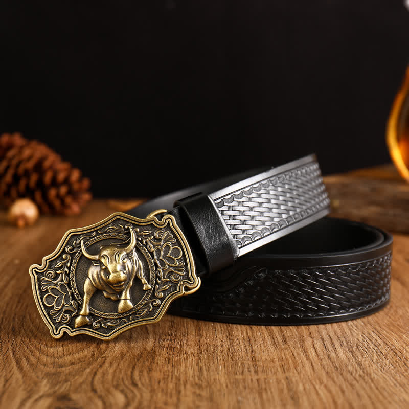 Men's Yak Matador Style Bull Buckle Leather Belt - Black / Gold - 42 - image 2