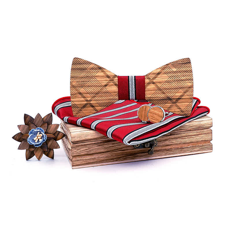 4Pcs Men's Classic Plaids Wooden Bow Tie Set - Red & White Stripes - image 7