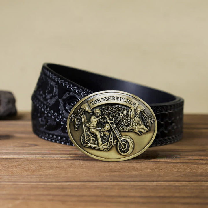 Men's DIY Motorcycle Creative Beer Holder Buckle Leather Belt - Bronze - Black Carved Belt (40) - image 21