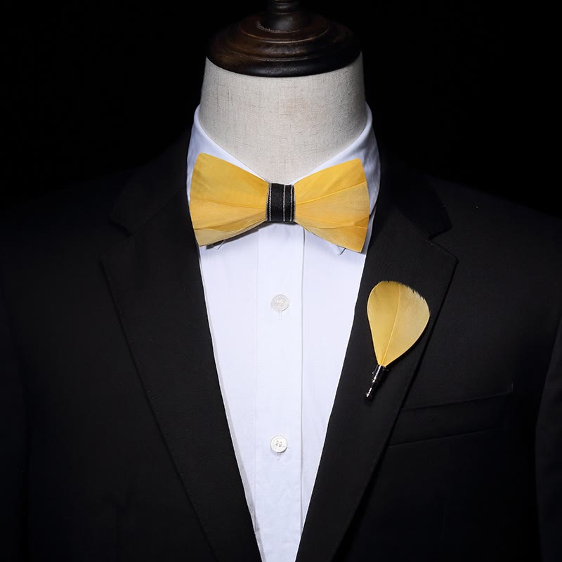Bright Yellow Lively Feather Bow Tie with Lapel Pin - image 1