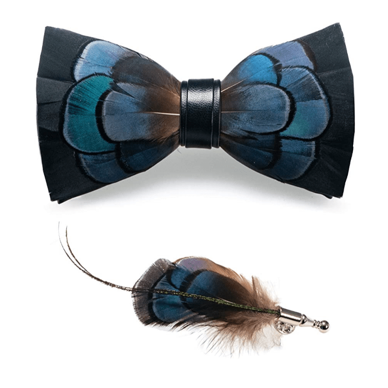 Black & Green Exquisite Feather Bow Tie with Lapel Pin - image 4