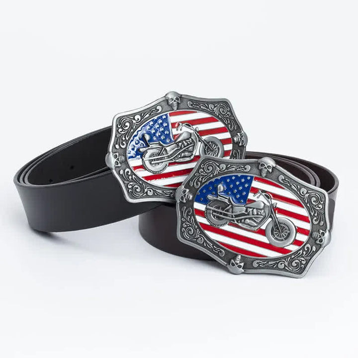 Men's Motorcycle American Flag Skull Leather Belt - image 1