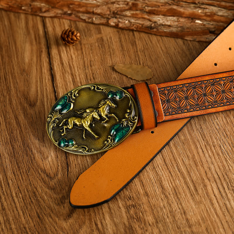 Men's Double Horses Faux Gemstone Leather Belt - image 1