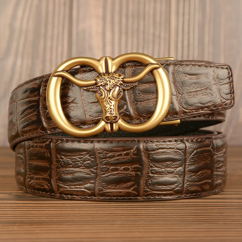 Men's Giant Ox Crocodile Pattern Leather Belt - Gold & Brown - Crocodile Skin - 44 - image 10