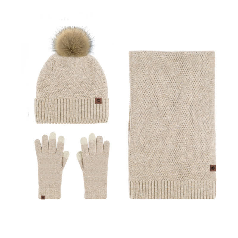 3Pcs Women's Pompom Woven Hat Scarf Touchscreen Gloves Set - Khaki - Adjustable (Approx. 21 1/4"-23 1/4") - image 1