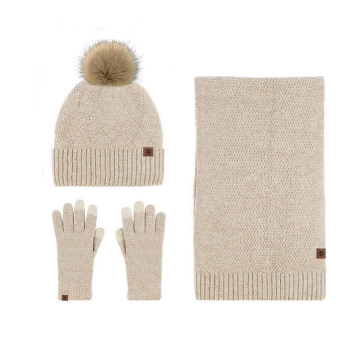 3Pcs Women's Pompom Woven Hat Scarf Touchscreen Gloves Set - Khaki - Adjustable (Approx. 21 1/4"-23 1/4") - image 1