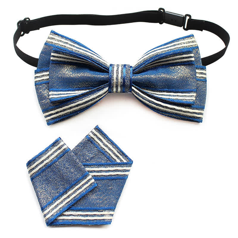 2Pcs Men's Pleated Striped Bow Tie Set - Blue Striped - image 1