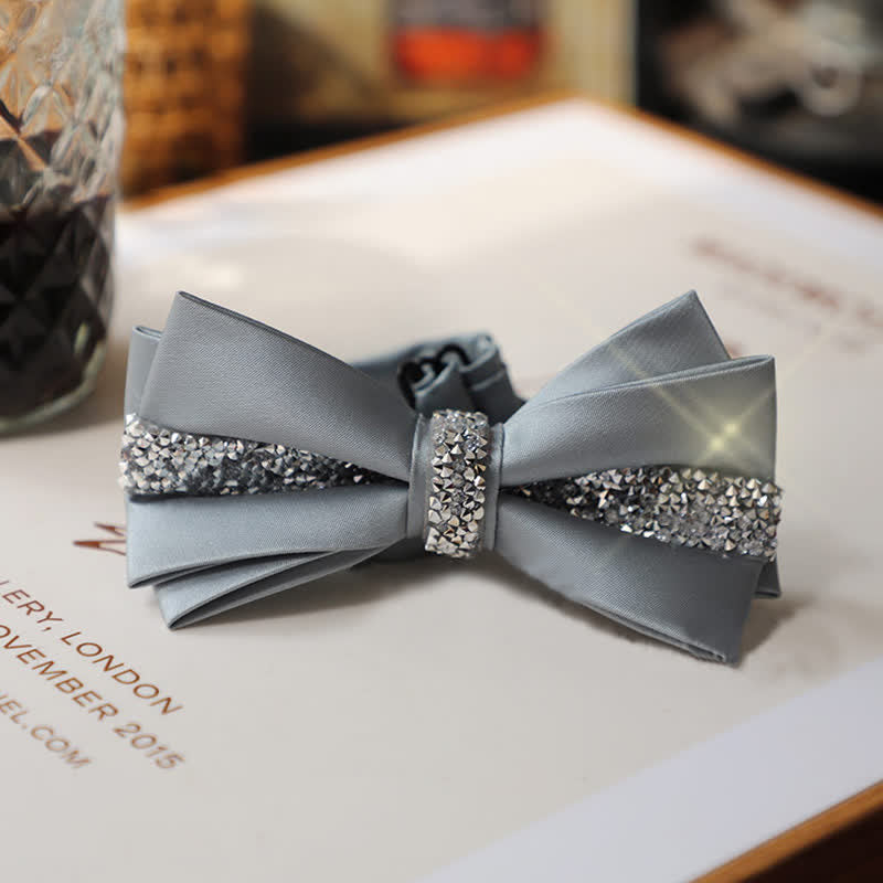 Men's Shining Rhinestone Satin Bow Tie Pocket Square Set - Gray - Bow Tie - image 13
