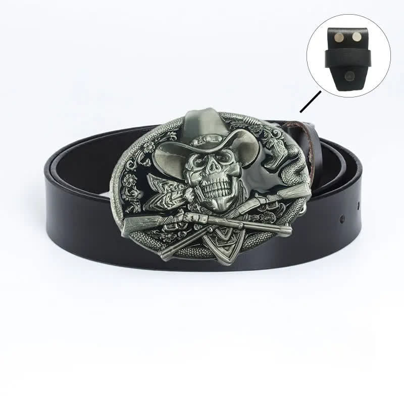 Men's Pirate Skull Cross Guns Leather Belt - Leather Linker - Black / Black Glaze - 46 - image 15