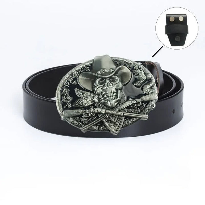 Men's Pirate Skull Cross Guns Leather Belt - Leather Linker - Black / Black Glaze - 46 - image 15