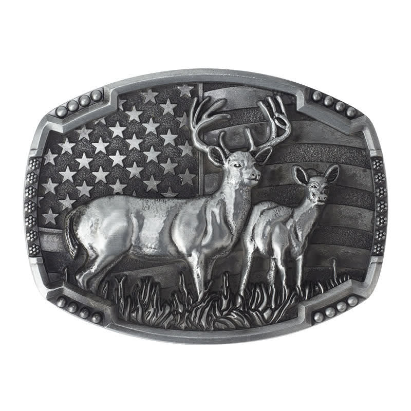 Men's DIY Deer Hunter American Flag Buckle Leather Belt - Silver Deers - Without Belt - image 3