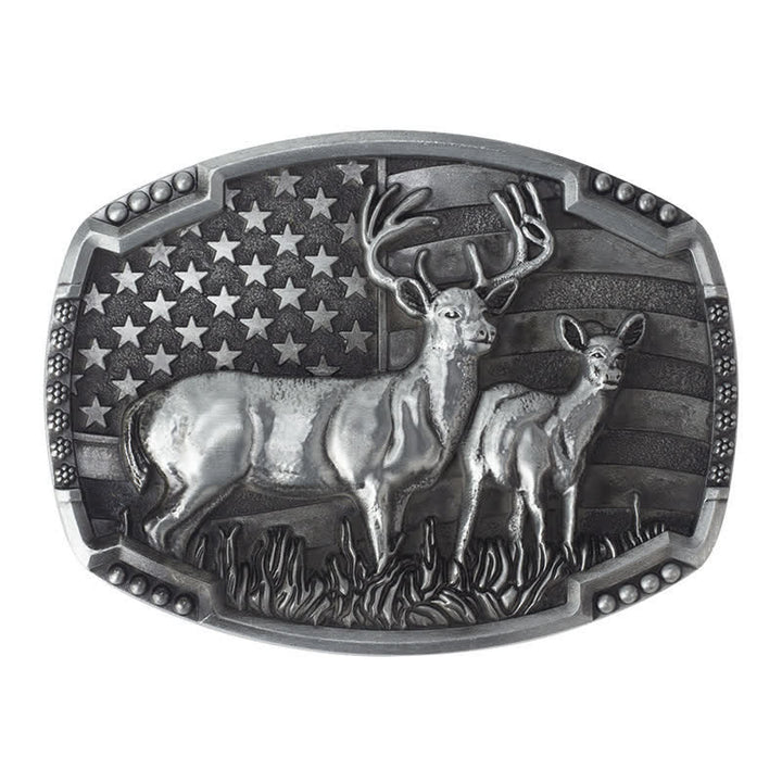 Men's DIY Deer Hunter American Flag Buckle Leather Belt - Silver Deers - Without Belt - image 3