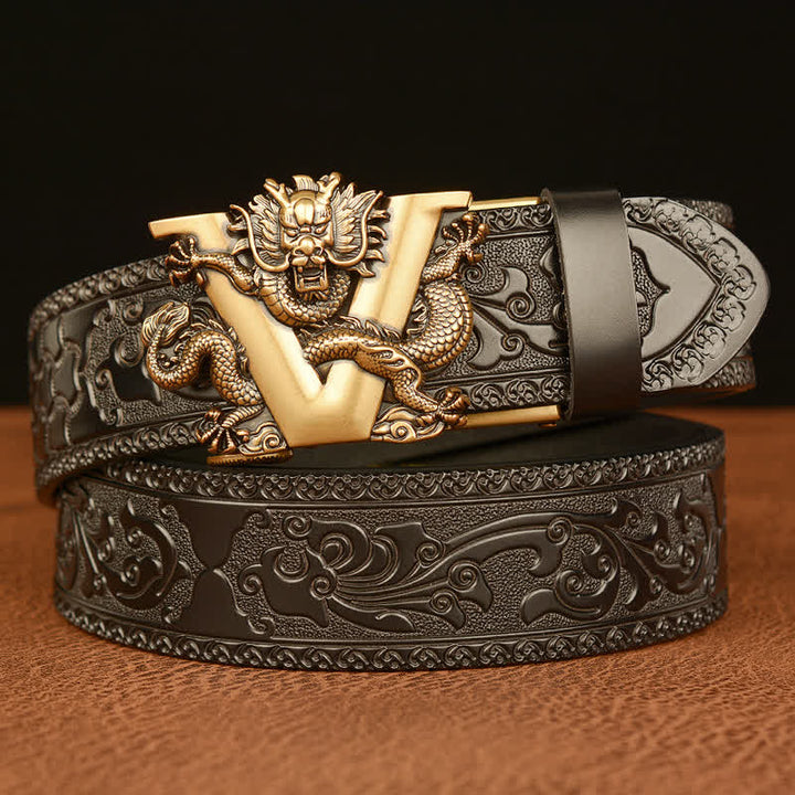 Men's Letter V Dragon Embossing Leather Belt - Gold & Black - 46 - image 10