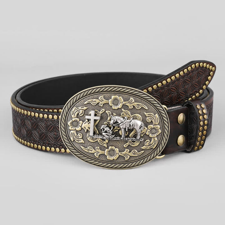 Men's Cross Horse Decor Oval Buckle Leather Belt - image 1