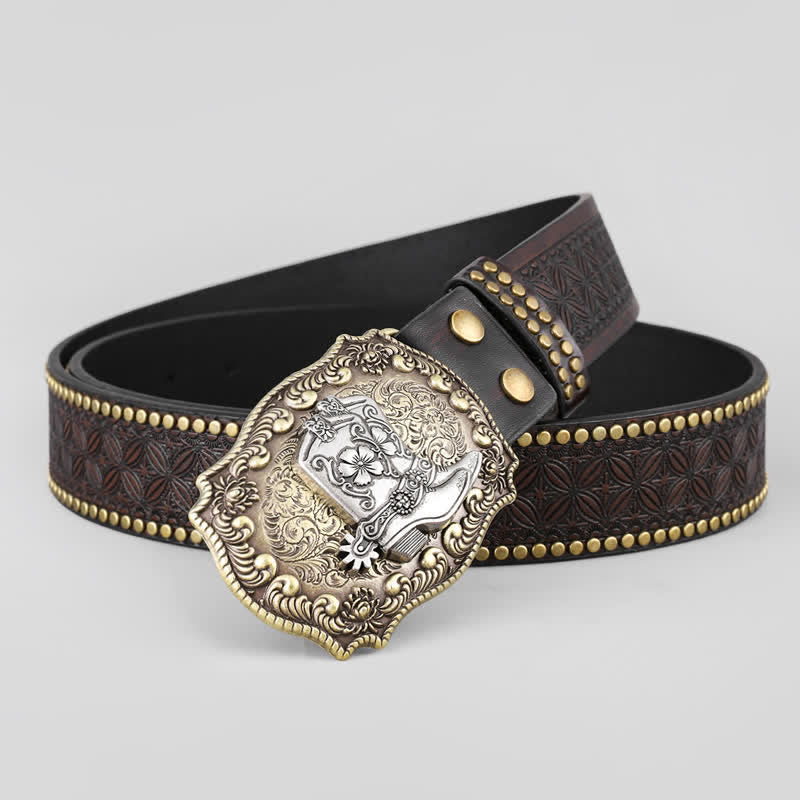 Men's Cowboy Shoes Studded Decor Leather Belt - Shoes - 42 - image 0