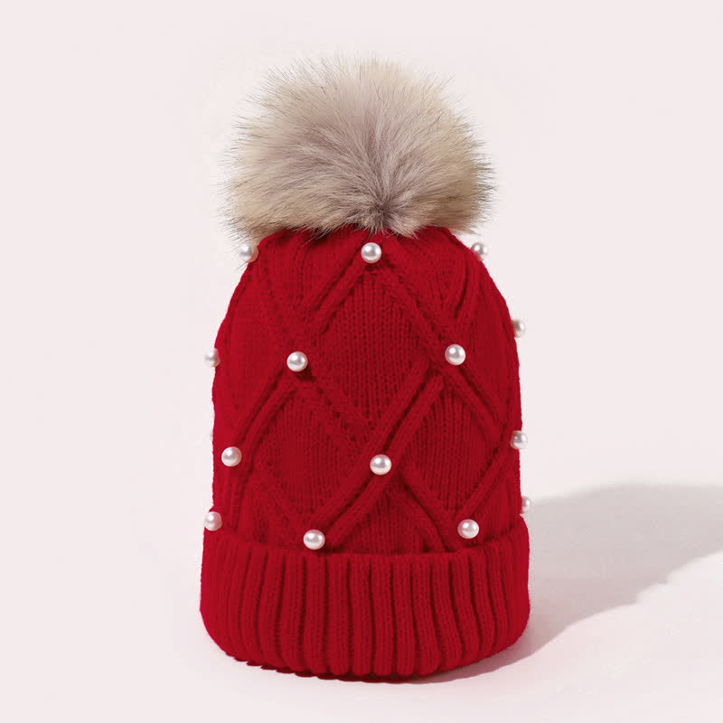 Women's Cute Pearls Deor Pompoms Stretchy Knitted Hat - image 7