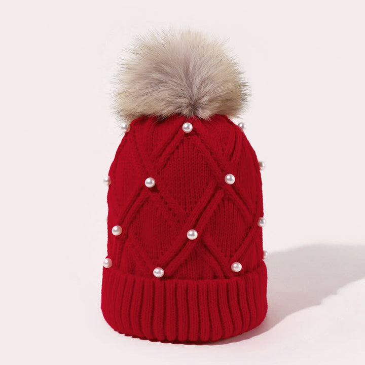 Women's Cute Pearls Deor Pompoms Stretchy Knitted Hat - image 7