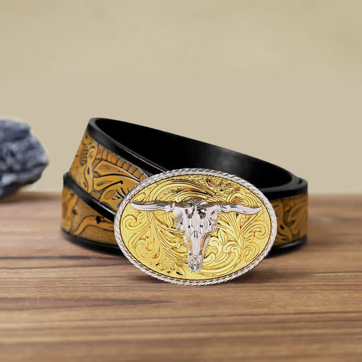 Men's DIY Shining Golden Bull Head Buckle Leather Belt - Bull - SandyBrown Belt (40) - image 14