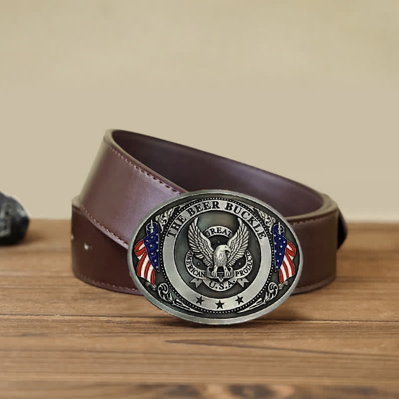 Men's DIY Eagle USA Flag Creative Beer Holder Buckle Leather Belt - Silver - Brown PU Belt (40) - image 19