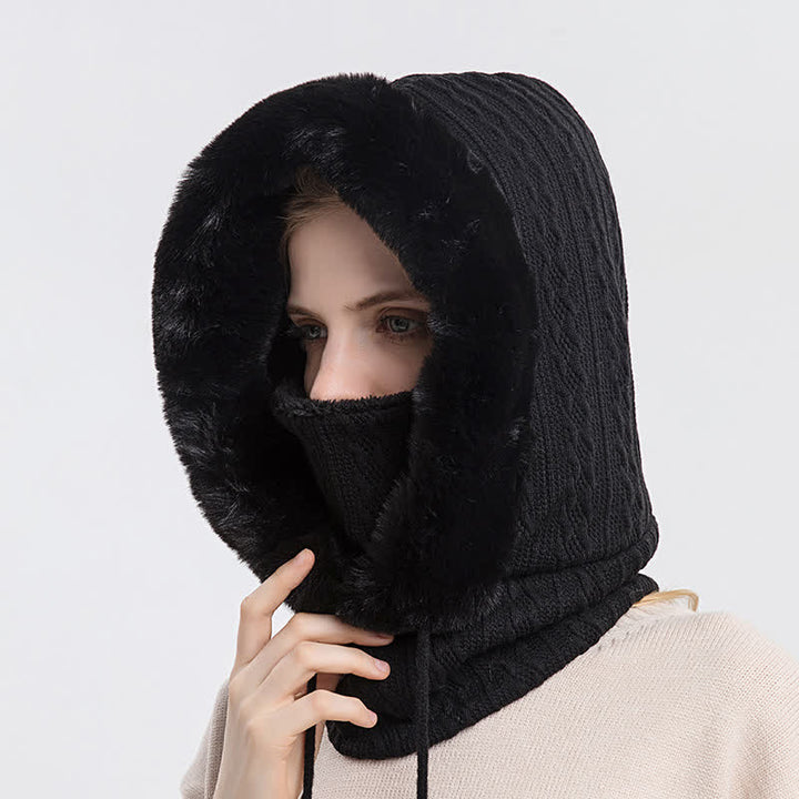Women's Candy Color Face Hood Mask Knitted Hat - Black - Adjustable (22"-23 1/4") - image 3