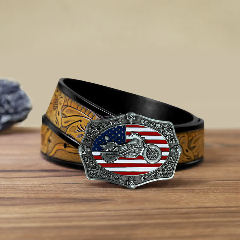 Men's DIY Motorcycle USA Flag Skull Buckle Leather Belt - Motorcycle - SandyBrown Belt (40) - image 13