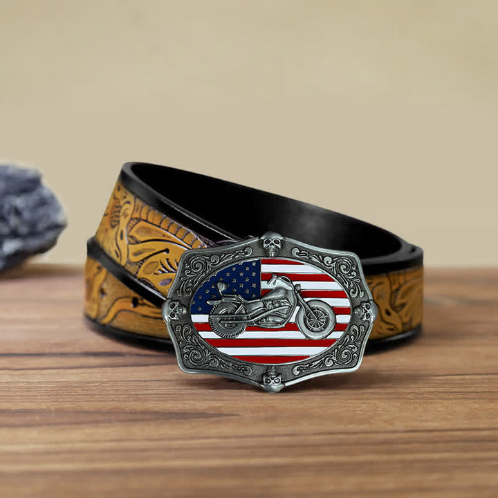 Men's DIY Motorcycle USA Flag Skull Buckle Leather Belt - Motorcycle - SandyBrown Belt (40) - image 13