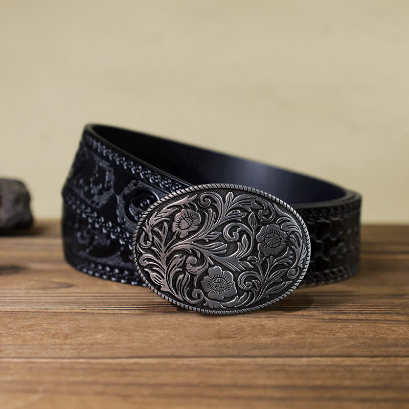 Men's DIY Classical Floral Oval Buckle Leather Belt - Antique Silver - Black Carved Belt (40) - image 10