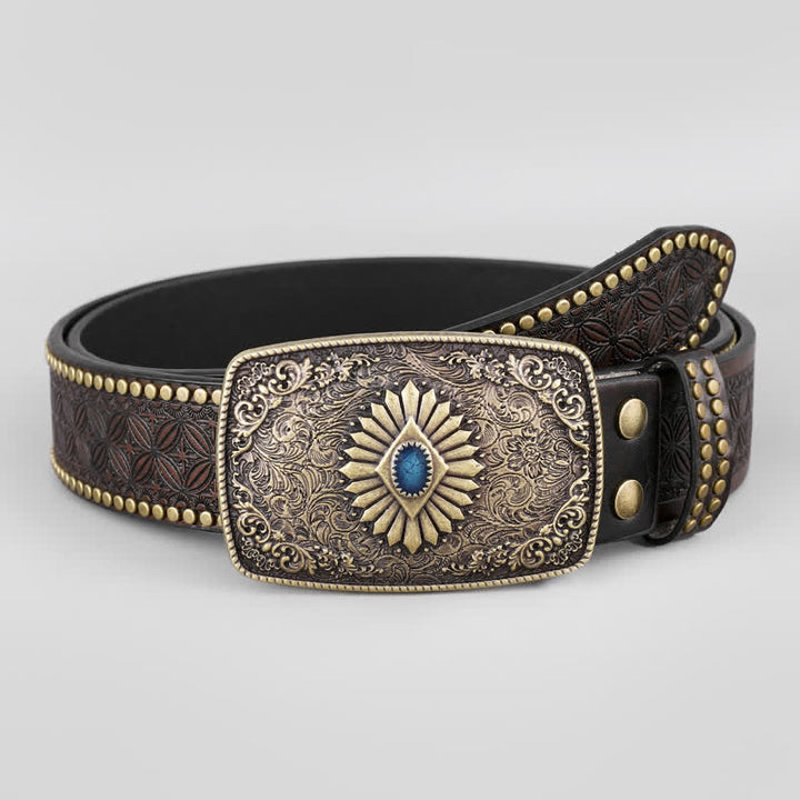 Men's Retro Flower Engraved Leather Belt - image 2