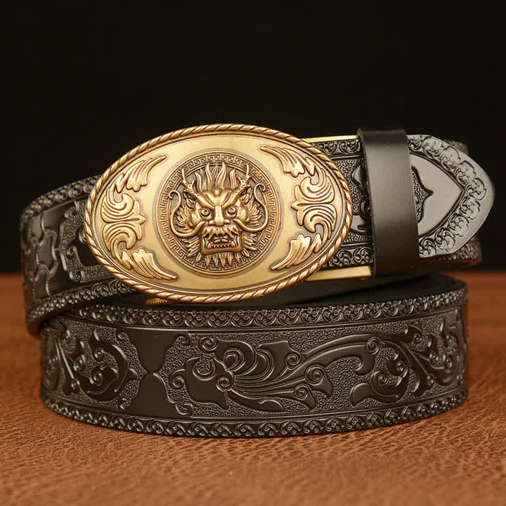 Men's Dragon Elliptical Buckle Leather Belt - Gold & Black - 46 - image 10