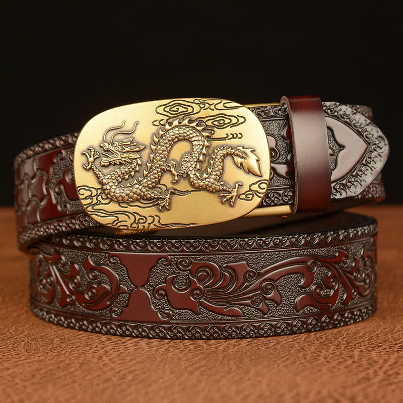 Men's Dragon Soaring In The Sky Leather Belt - Gold & Brown - 46 - image 0